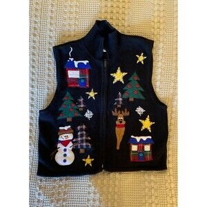 Vintage Christmas Sweater Bechamel Knit Holiday Vest Medium Black Reindeer Snow